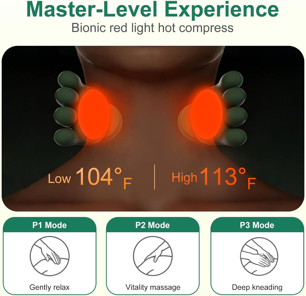 Deep kneading massage with soothing heat to help relax tense neck and shoulder muscles.