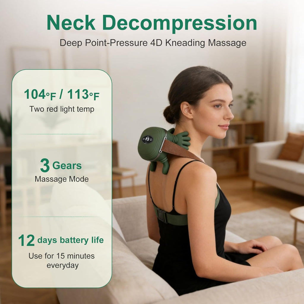 Deep kneading massage with soothing heat to help relax tense neck and shoulder muscles.