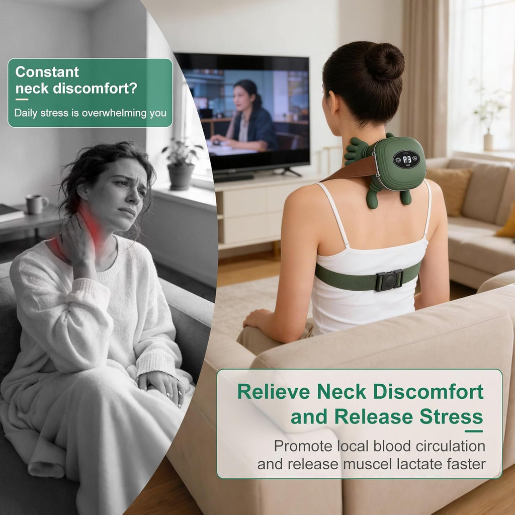 Deep kneading massage with soothing heat to help relax tense neck and shoulder muscles.
